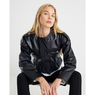 Black Faux Leather Croc Print Peplum Jacket