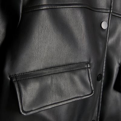 Black Faux Leather Cropped Bomber Jacket