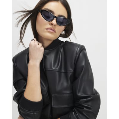 Black Faux Leather Cropped Bomber Jacket