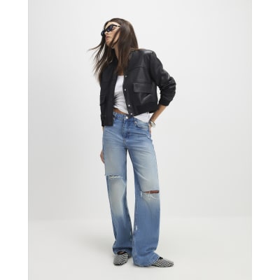 Black Faux Leather Cropped Bomber Jacket