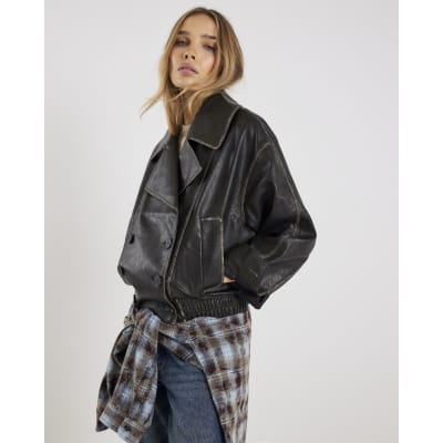 Black Faux Leather Double Breasted Jacket