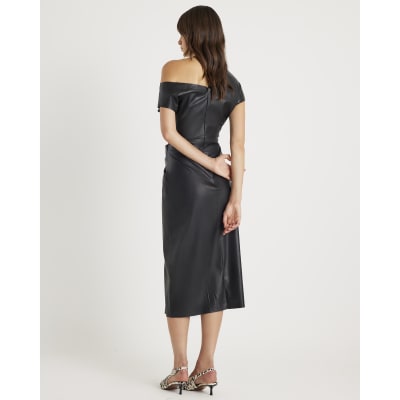 Black Faux Leather Draped Knot Midi Dress