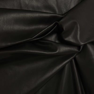 Black Faux Leather Draped Knot Midi Dress