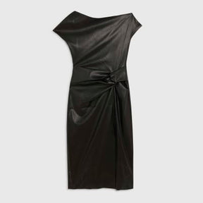 Black Faux Leather Draped Knot Midi Dress