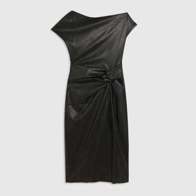 Black Faux Leather Draped Knot Midi Dress