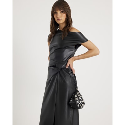 Black Faux Leather Draped Knot Midi Dress