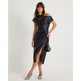 Black Faux Leather Draped Knot Midi Dress