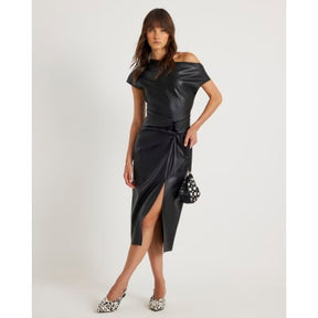 Black Faux Leather Draped Knot Midi Dress