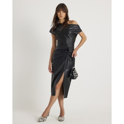 Black Faux Leather Draped Knot Midi Dress