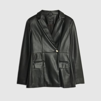 Black Faux Leather Fitted Blazer