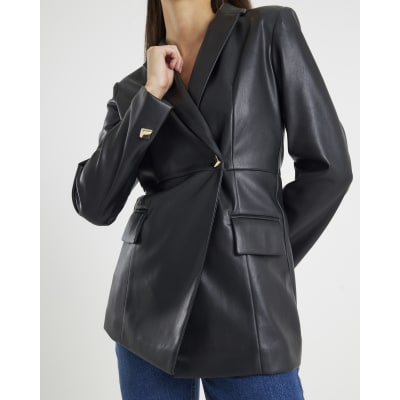 Black Faux Leather Fitted Blazer