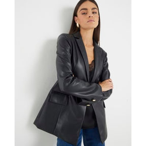 Black Faux Leather Fitted Blazer