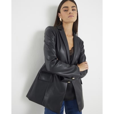 Black Faux Leather Fitted Blazer