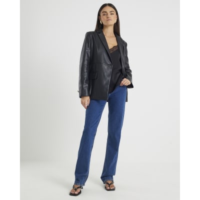 Black Faux Leather Fitted Blazer