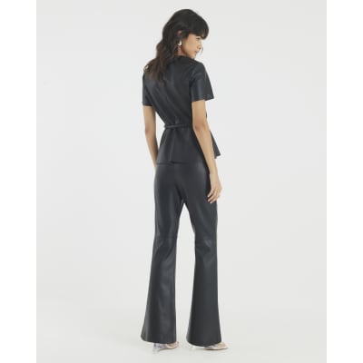 Black Faux Leather Fitted Flared Trousers