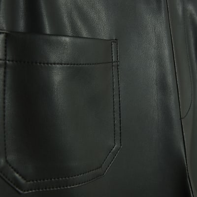 Black Faux Leather Fitted Flared Trousers