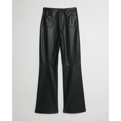 Black Faux Leather Fitted Flared Trousers