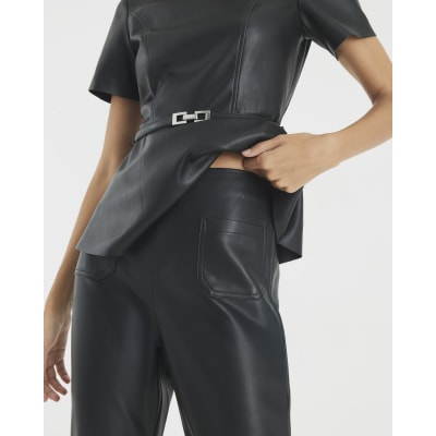 Black Faux Leather Fitted Flared Trousers