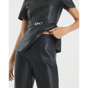 Black Faux Leather Fitted Flared Trousers