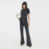 Black Faux Leather Fitted Flared Trousers