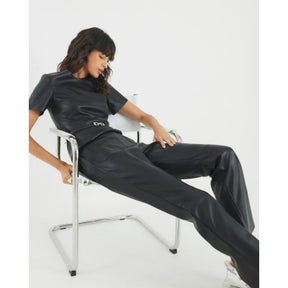 Black Faux Leather Fitted Flared Trousers