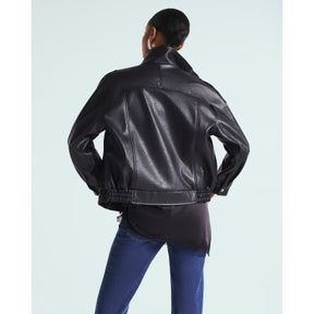 Black Faux Leather Funnel Neck Biker Jacket