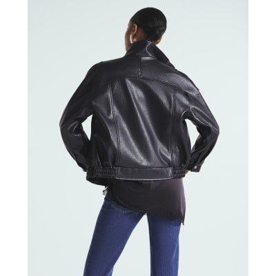 Black Faux Leather Funnel Neck Biker Jacket