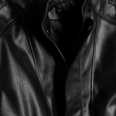 Black Faux Leather Funnel Neck Biker Jacket
