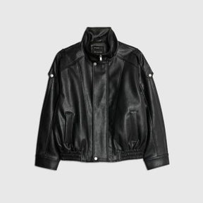 Black Faux Leather Funnel Neck Biker Jacket