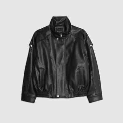 Black Faux Leather Funnel Neck Biker Jacket