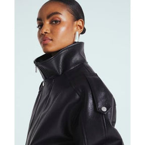 Black Faux Leather Funnel Neck Biker Jacket