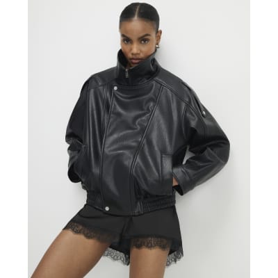 Black Faux Leather Funnel Neck Biker Jacket