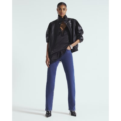 Black Faux Leather Funnel Neck Biker Jacket