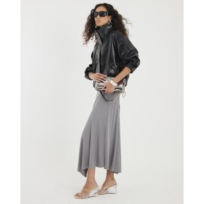 Black Faux Leather Funnel Neck Jacket