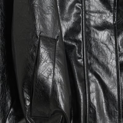 Black Faux Leather Funnel Neck Jacket