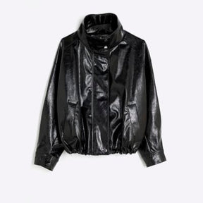 Black Faux Leather Funnel Neck Jacket
