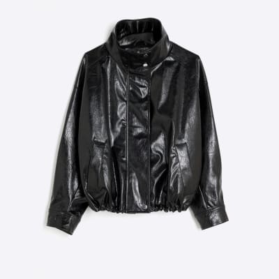 Black Faux Leather Funnel Neck Jacket