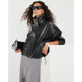 Black Faux Leather Funnel Neck Jacket