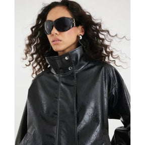 Black Faux Leather Funnel Neck Jacket