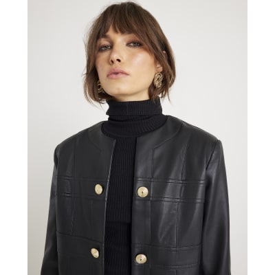 Black Faux Leather Long Sleeve Jacket