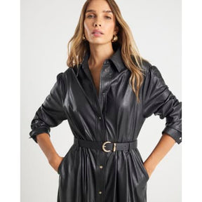 Black Faux Leather Midi Shirt Dress
