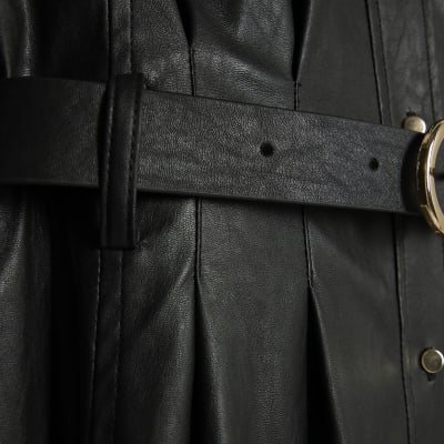 Black Faux Leather Midi Shirt Dress