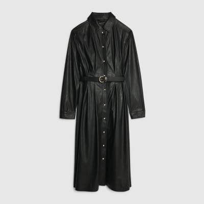 Black Faux Leather Midi Shirt Dress
