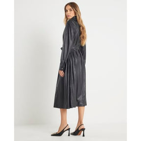 Black Faux Leather Midi Shirt Dress