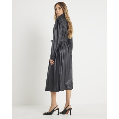 Black Faux Leather Midi Shirt Dress