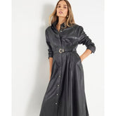 Black Faux Leather Midi Shirt Dress