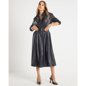 Black Faux Leather Midi Shirt Dress