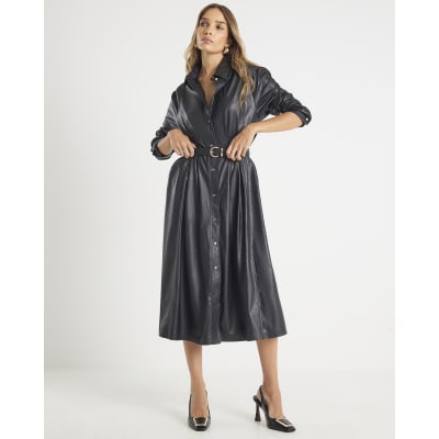 Black Faux Leather Midi Shirt Dress
