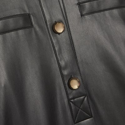 Black Faux Leather Pocket Detail Shirt Dress