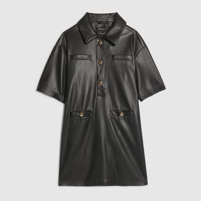 Black Faux Leather Pocket Detail Shirt Dress